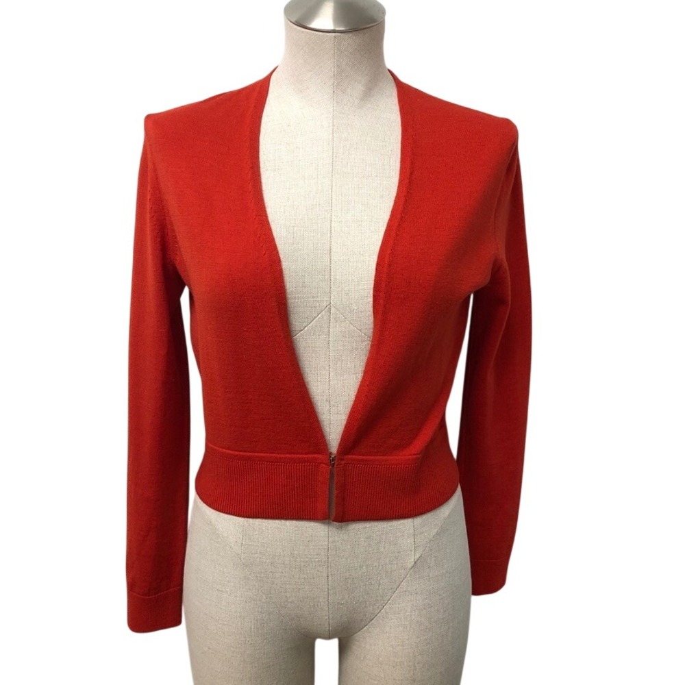 Hugo Boss Cardigan Womens M Red 100% Virgin Wool Cropped V-Neck Minimalist